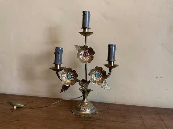 Image 1 of Frivole Schemerlamp Tafellamp Met Bloemen En Kralen Messing Frans