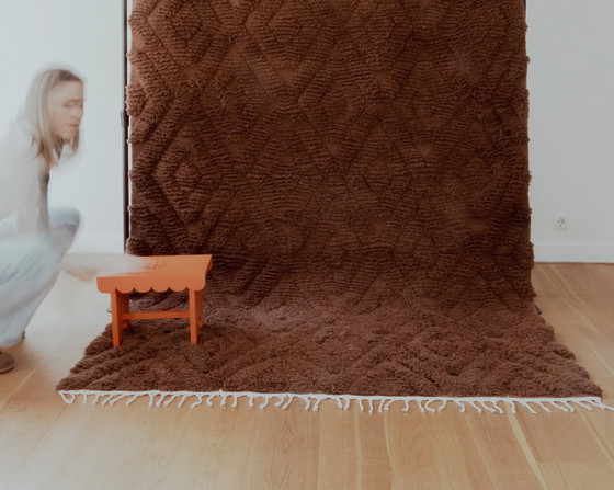 Image 1 of Handwoven Brown Wool Rug With Checkered Pattern - High Pile & 100% Wool From Tunisia