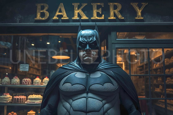 Image 1 of Photo imprimée sur plexiglass / Batman devant une boulangerie / Fat batman