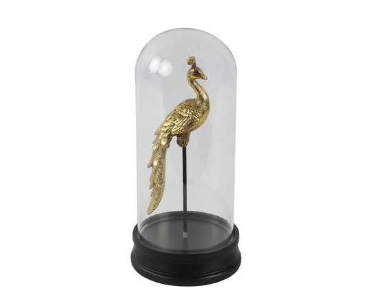 Image 1 of Golden Peacock Ornament Under Glass Bowl