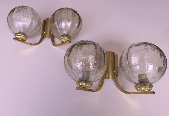 Image 1 of Mid Century Pair of Brass and Glass Double Wall Lights, 1970s