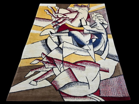 Handgeknüpfter Woll-Seiden-Teppich – Roy Lichtenstein Pop-Art-Komposition „Roter Reiter“ (190 x 260 cm) (photo 7 of 9)