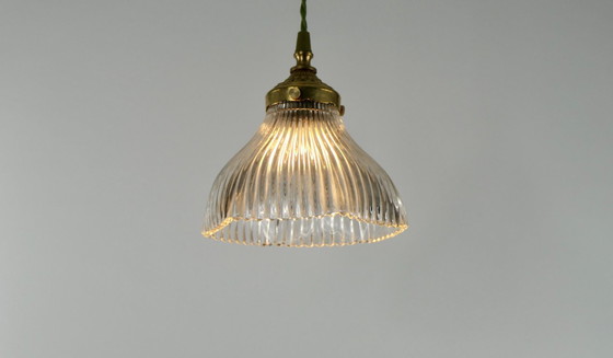 Image 1 of Vintage French Holophane Pendant Lamp Glass Ribbed