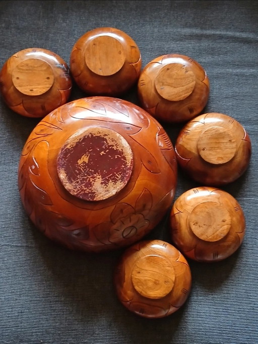 Juego de ensalada vintage de teca tallada a mano