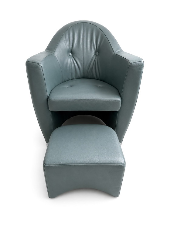 Fauteuil Leolux Carabita avec repose-pieds en cuir vert olive – Leather, Metal (photo 3 of 8)