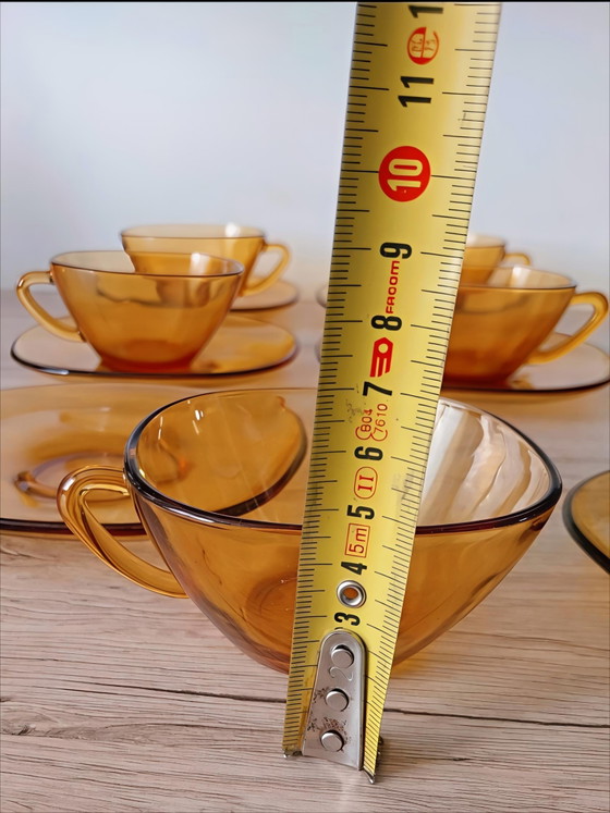 Image 1 of Vintage Vereco France Amber Glass Coffee Cups & Saucers — Set of 6