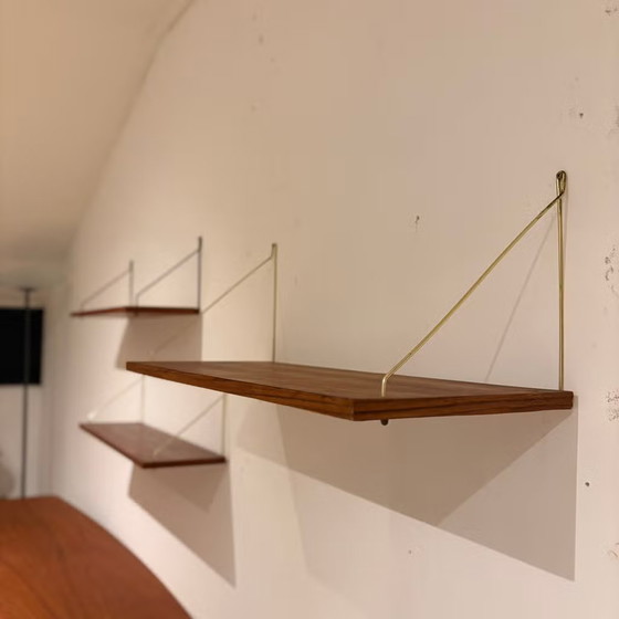 Vintage Danish 1960s Teak Wall Shelves – Shelving unit, Metal, Brass, Mid Century Modern (photo 10 of 15)