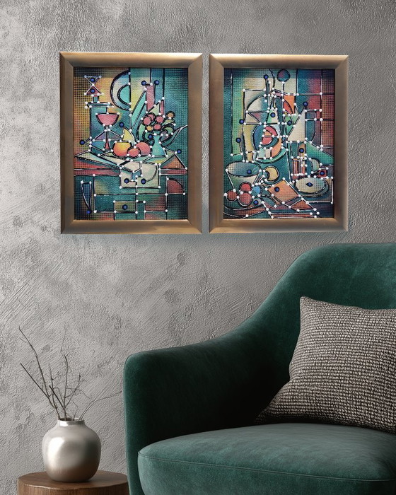 Image 1 of Kubisme A1438 - abstracte schilderijen - tweeluik