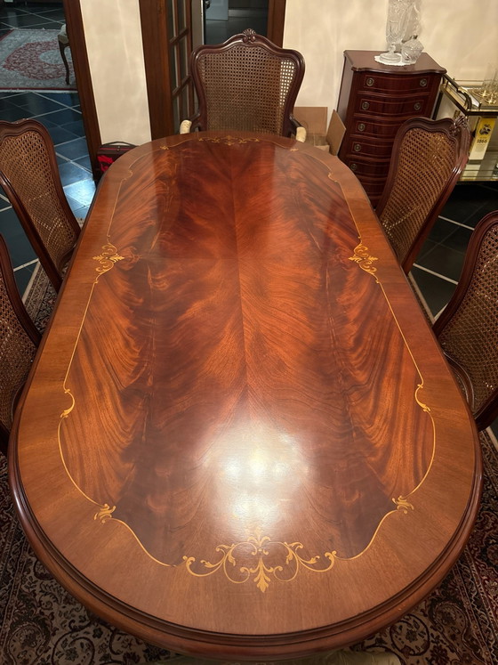 Vintage Italian Baroque Style Dining Table & 6 Cane-Back Chairs - Marquetry Inlay, Dining set, Rattan (photo 5 of 13)