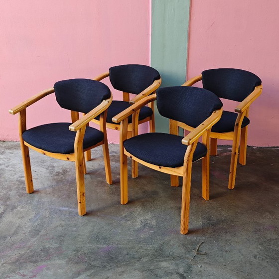 Set of 4 wooden dining chairs with dark blue upholstery, Textile, Brown, Scandinavian (photo 2 of 7)