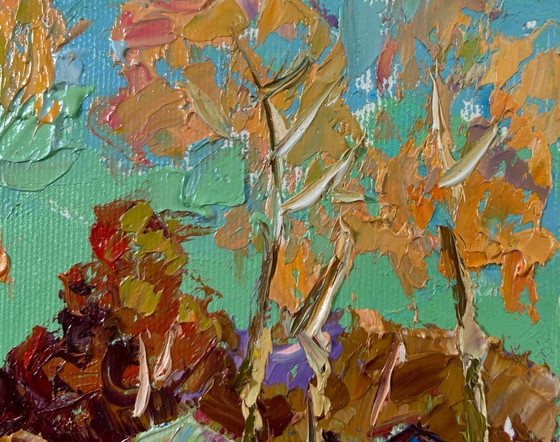 Image 1 of Original Oil Painting Day Village Landscape Spring fields are turning green
