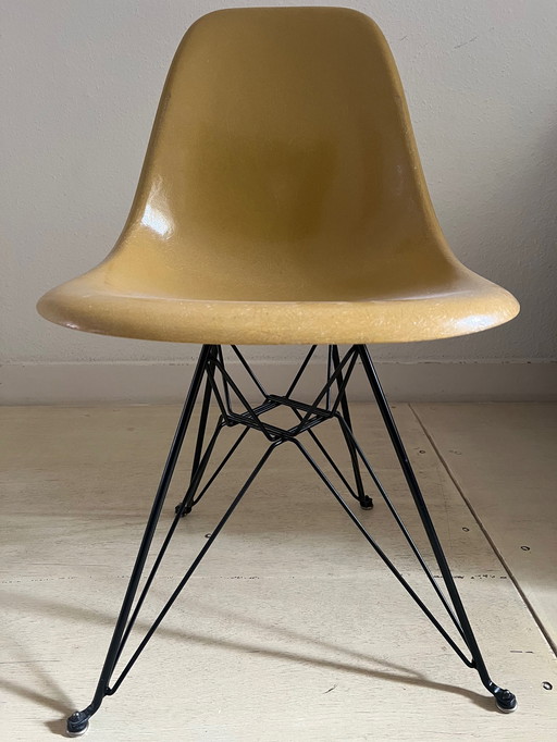 4X Originele Eames Voor Herman Miller Fiberglass Dsr Bijzetstoel Oker Licht Met (Nieuw) Zwart Eiffeltoren Onderstel.