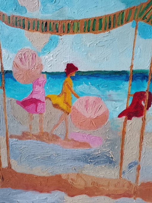 Óleo sobre lienzo enmarcado niñas en la playa 