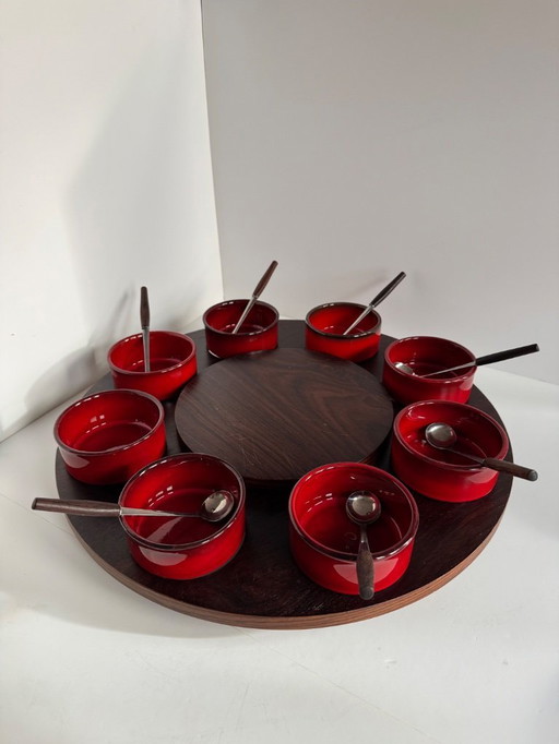 Vintage lazy susan, fondue set, snack set, turntable.