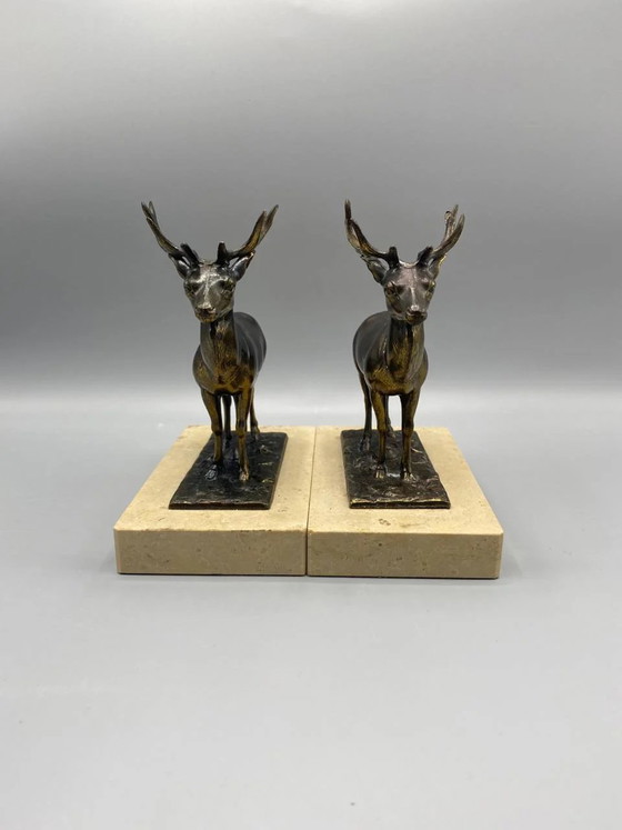 2 Bronzed Spelter Deer Bookends on Marble Base, Art Deco Animal – Sculpture (photo 3 of 8)