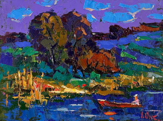 Image 1 of Original Oil Painting Summer Coastal Landscape In the evening by the river