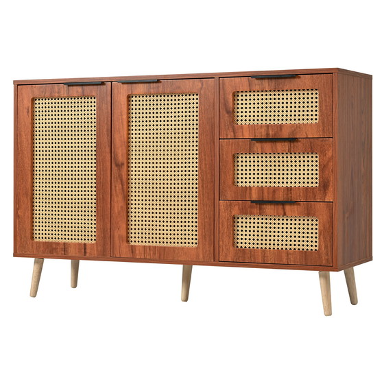 Image 1 of Urban Meuble vintage dressoir van rotan in walnoot houtlook met 2 deuren en 3 lades met zwarte handgrepen 120*38*78cm CRI