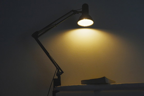 Image 1 of  Fase Architect Desk Lamp 1980s Spanish Adjustable Swing Arm Green Lamp Vintage Clamp Task Light Mid Century Industrial Lighting