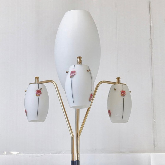 Image 1 of Vintage 1950s Floor Lamp by Maison Arlus, Metal, Brass & Opal Glass, 50s Rockabilly