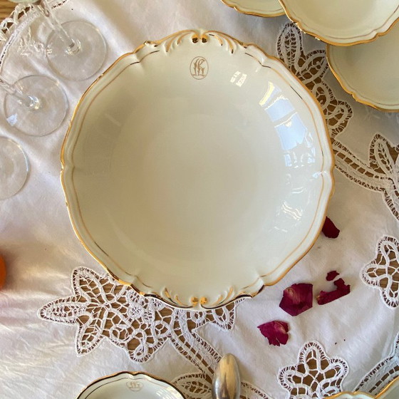 Image 1 of Dessert service with 12 small bowls and a salad bowl, antique Limoges porcelain, Lafarge & Cie