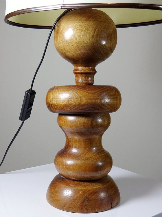 Image 1 of Impressive vintage Scandinavian style lamp, designed in carved turned wood with a ring