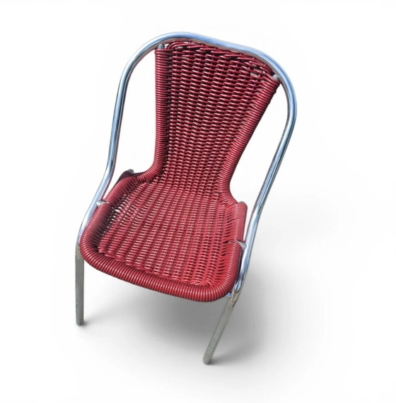 6 x sedia rossa in alluminio per interni/esterni con intreccio sintetico (effetto rattan) anni '80 (photo 12 of 20)