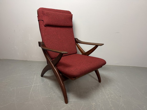 Image 1 of Mid-Century High Quality Teak Lounge Chair with Burgundy Red Fabric Upholstery Attributed to Topform, The Netherlands, 1960s.