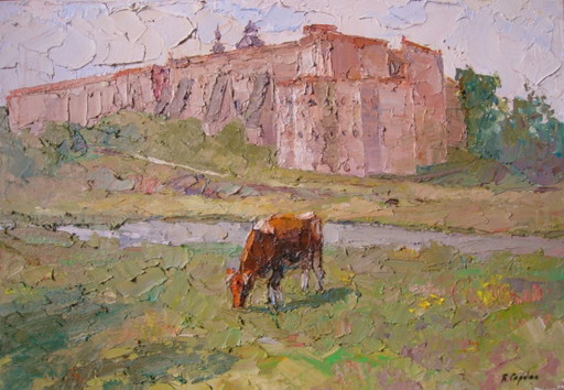 Original Oil Painting Nature Landscape Cow Pasture Summer Day