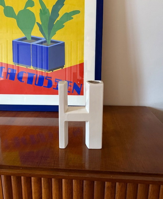 Image 1 of Space age white H letter shaped ceramic solifleur vase, Marcel Radureau ca. 1970