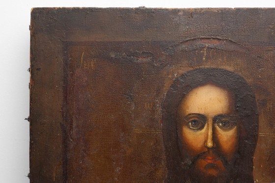 Image 1 of Icono religioso ruso del siglo XIX de Cristo Pantocrátor, pintado a mano sobre madera.