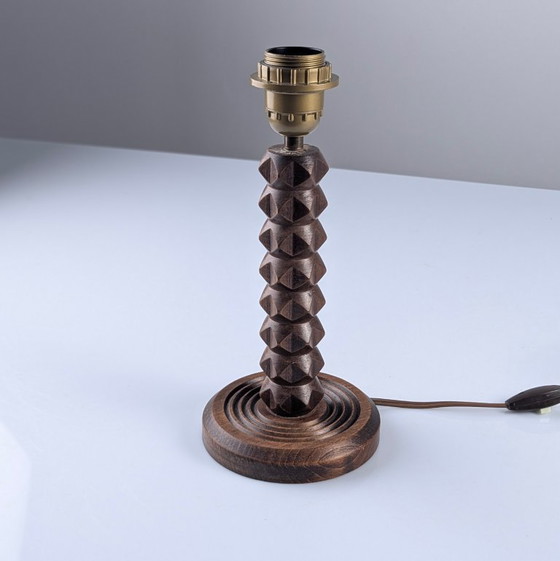 Image 1 of Charles Dudouyt Table Lamp, Oak with Parchment Leather Shade, France, 1950s