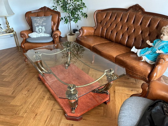 Glass and wood coffee table with golden accents, Metal, Transparent, Klassiek (photo 3 of 5)