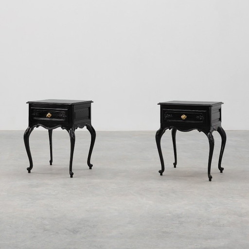 Pair of Louis XV Style Nightstands in Black Lacquered Oak, France, 1950s