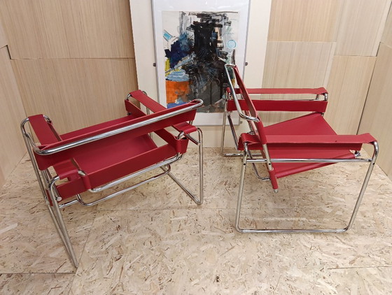 Image 1 of KNOLL Studio Set van 2 WASSILY B3 fauteuils (NIEUW) in rood leer