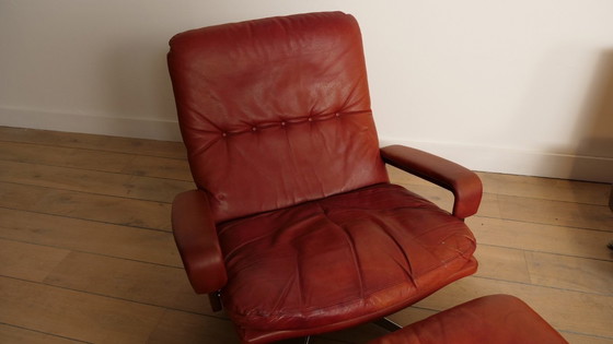 Image 1 of Vintage zithoek | 3-zits | fauteuil + hocker | King sofa | Leer