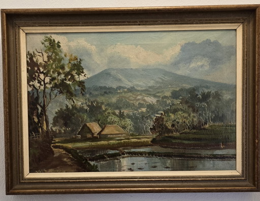 Pintura al óleo indonesia de mediados de siglo 'Tangkuban Prau, Java' - Firmada DIKA (58x42cm)