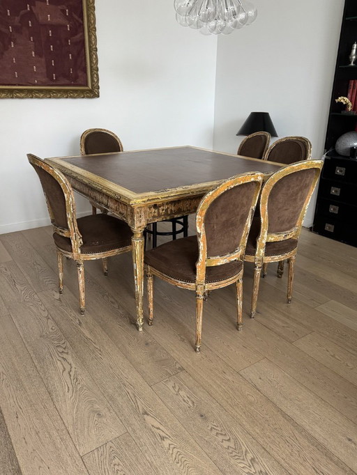 Tavolo in rovere policromo firmato JP Barbier – piano in pelle – pezzo artistico unico