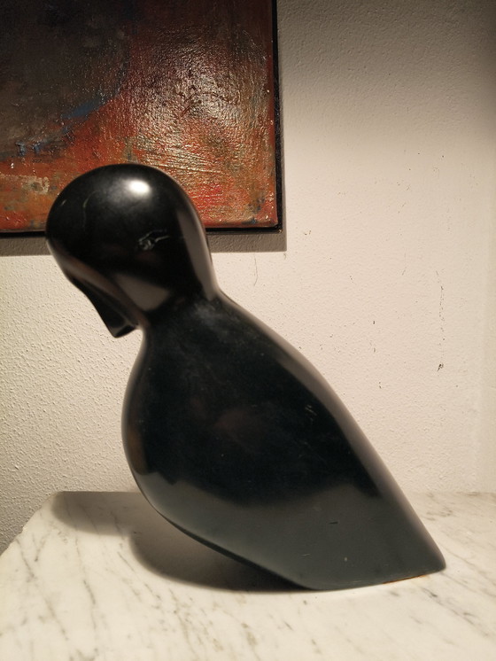 Image 1 of Vintage design modernist black marble sculpture of a stylized abstract bird on a white marble base