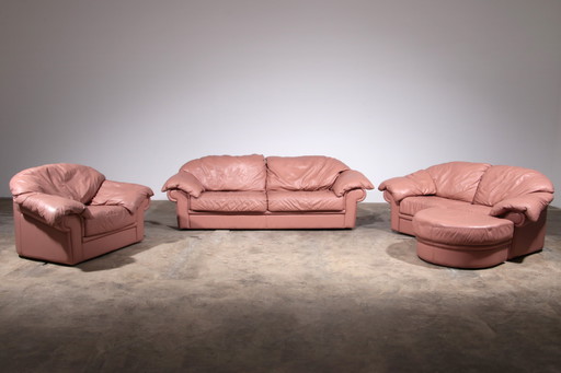 Italian Lounge Set – 4-Piece Rose Pink Leather (1970S)