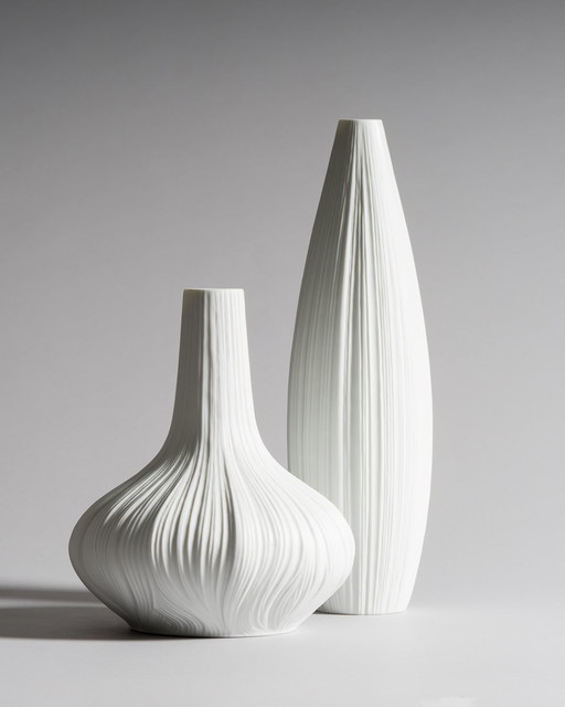 Martin Freyer for Rosenthal Studio-Line: Sculptural White “Plissée” Porcelain Vases, Germany, 1968 — Set of Two