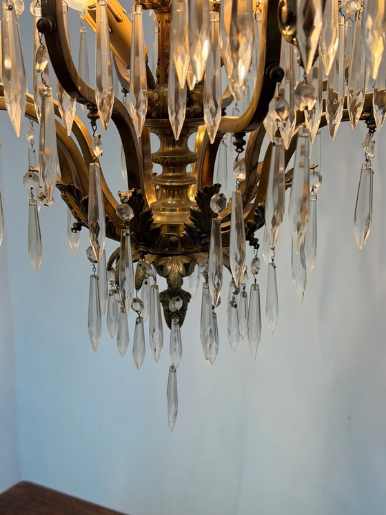 Impressionnant lustre ancien français en bronze doré et cristal, Verre (photo 5 sur 9)