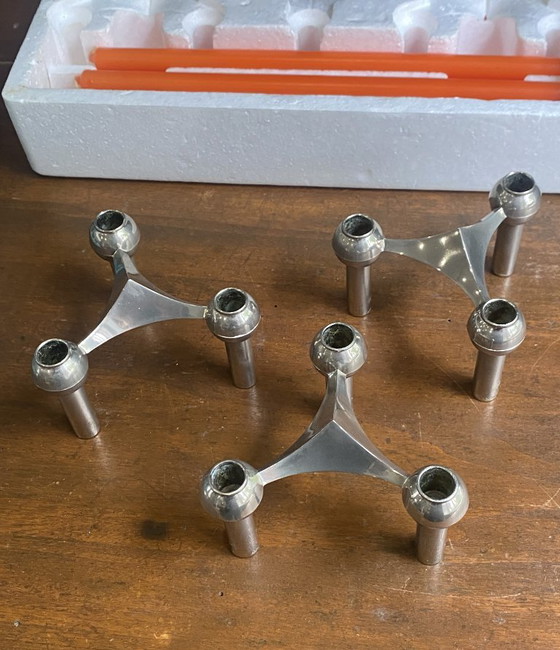 Set van 3 S22 kandelaars en 9 verstelbare NAGEL kaarsen, vintage jaren 70, originele doos (photo 8 of 20)