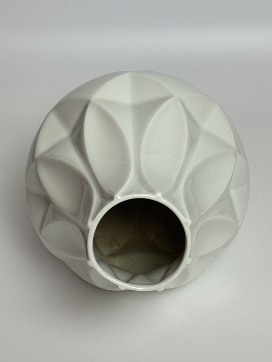 Image 1 of Mid-Century Ceramic High Gloss Enamel White Porcelain Vase with Geometric Relief by Königlich privilegierte Porzellanfabrik.