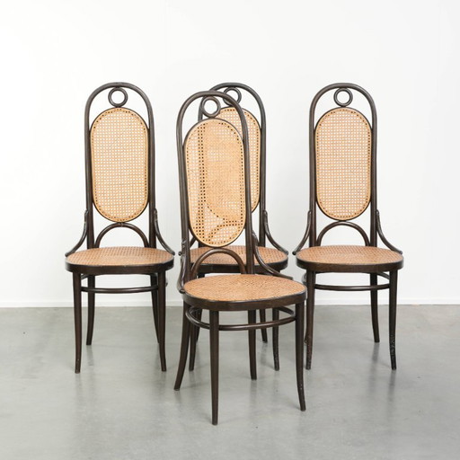4 x Original vintage Thonet design webbing chair, model Long John, with a high back and elegant frame