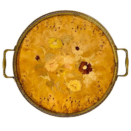 Vintage de latón italiano bandeja de madera redonda con incrustaciones de madera Sorrento 1940s