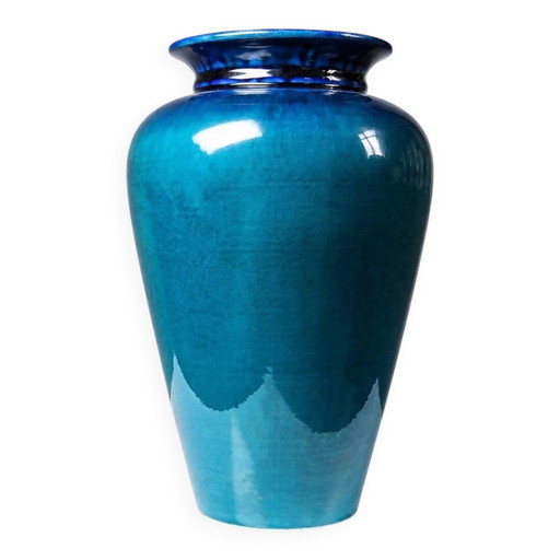 Vase vintage Dinis Portugal en céramique turquoise et bleu cobalt, années 1970.
