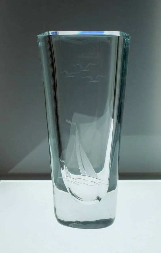 Image 1 of Etched glass vase with nautical theme from Strömbergshyttan, Sweden
