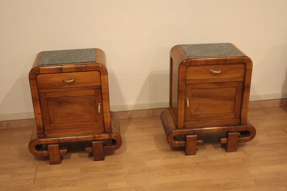 Image 1 of Pair of Art Deco Walnut Bedside Tables, 1950s Mid Century Modern, Italy