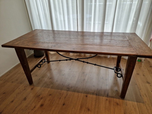 Antieke Spaanse eettafel met schragen - Massief hout en smeedijzer (200x96 cm) – Iron, Wood