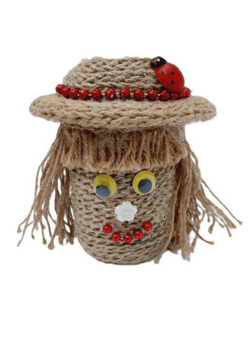 Vintage twine wrapped jar - doll with lid - a hat